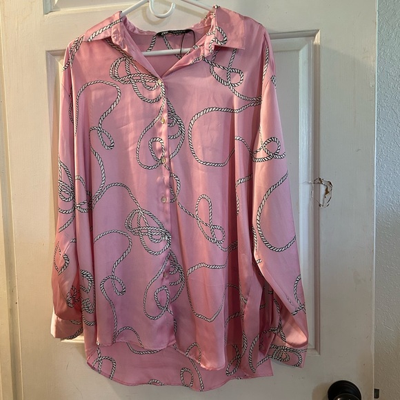Zara Tops - Zara Pink Rope Print Satin Button-Up Blouse